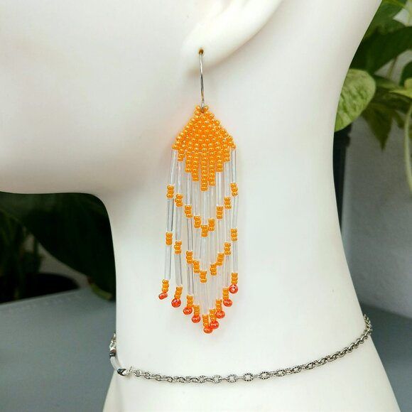 Artisan Jewelry - Boho Chic Beaded Fringe Cascade Dangle Earrings, 3.5"